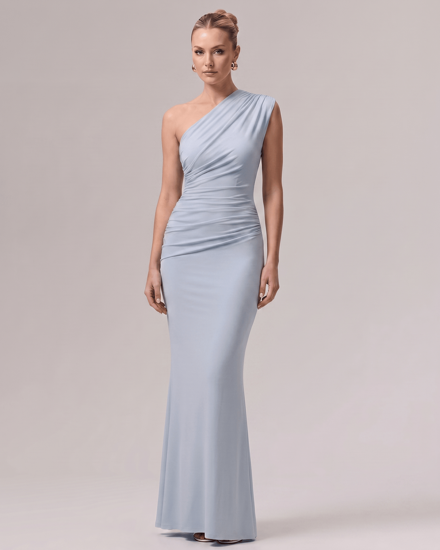 Aurelia Maxi Dress in light blue, one-shoulder design, smooth stretch jersey with soft gathering, perfect for formal occasions by Lauven.