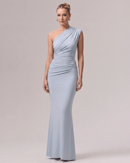 Aurelia Maxi Dress in light blue, one-shoulder design, smooth stretch jersey with soft gathering, perfect for formal occasions by Lauven.