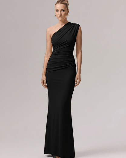 Aurelia Maxi Dress featuring a one-shoulder design in smooth stretch jersey, perfect for formal occasions, by Lauven.