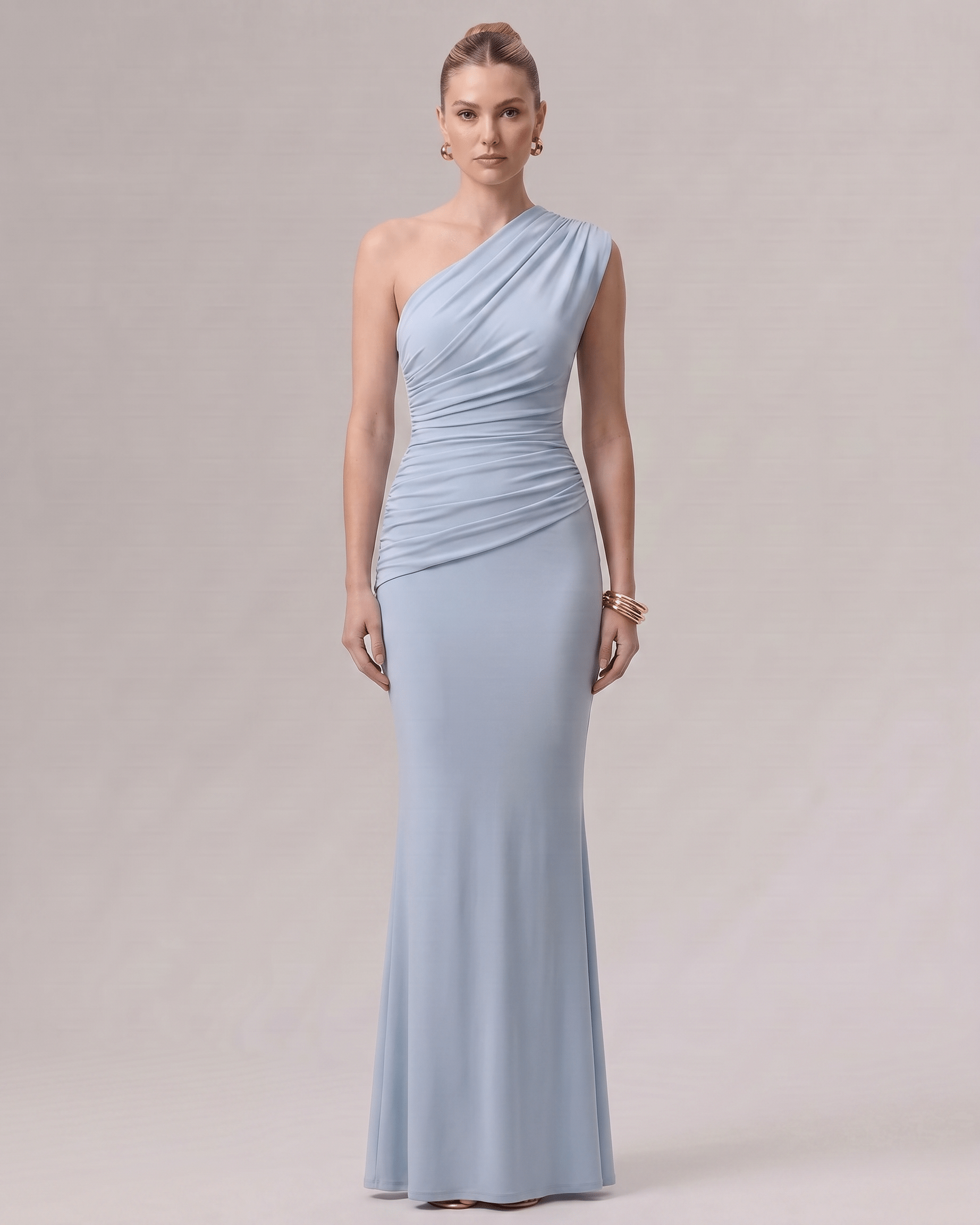 Aurelia Maxi Dress in soft blue, featuring one-shoulder design, smooth stretch jersey, refined silhouette by Lauven.