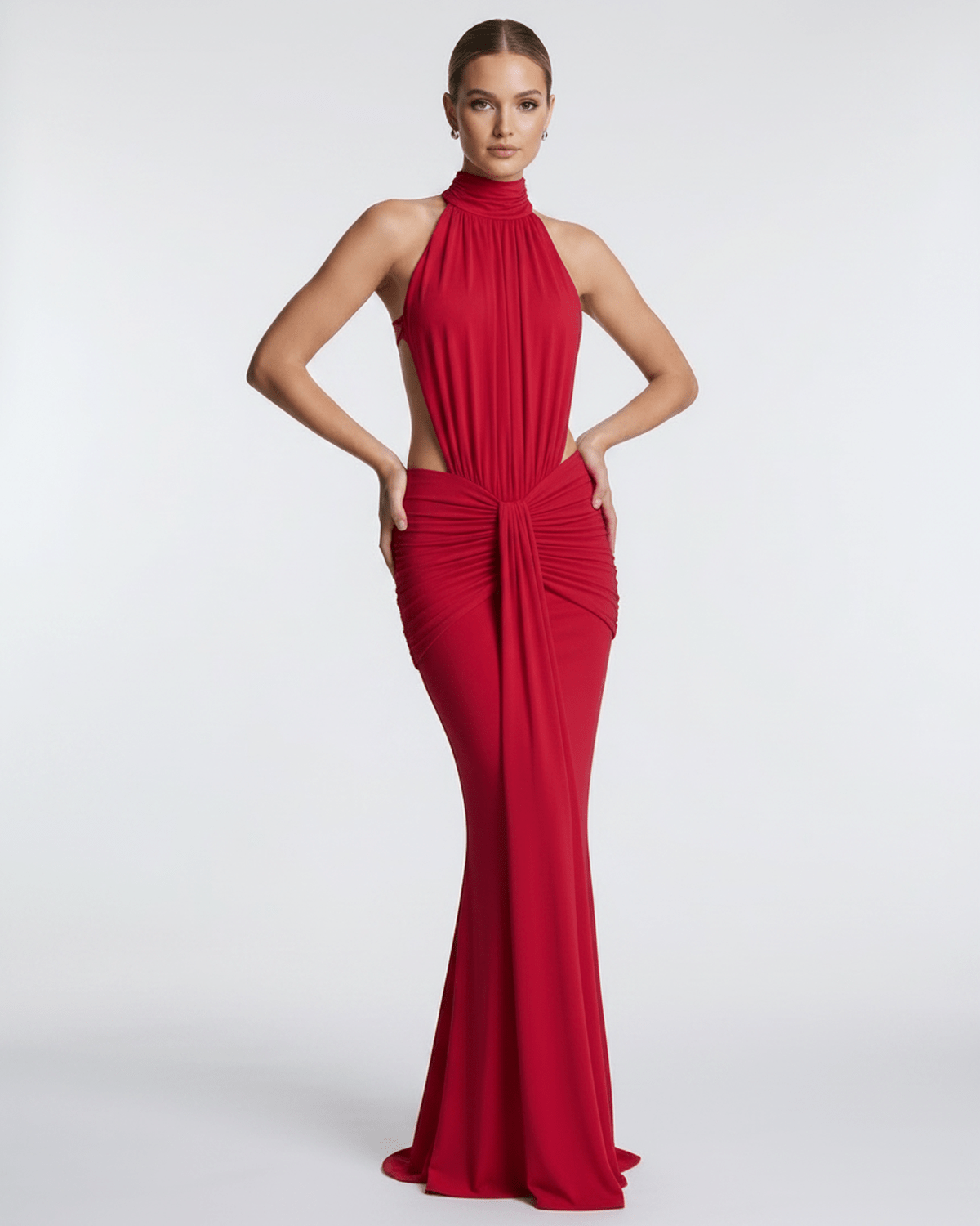 Aurelia Maxi Dress by Lauven, red stretch fabric, high neck, body-skimming silhouette with fluid drape.