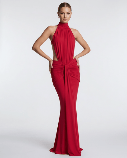 Aurelia Maxi Dress by Lauven, red stretch fabric, high neck, body-skimming silhouette with fluid drape.