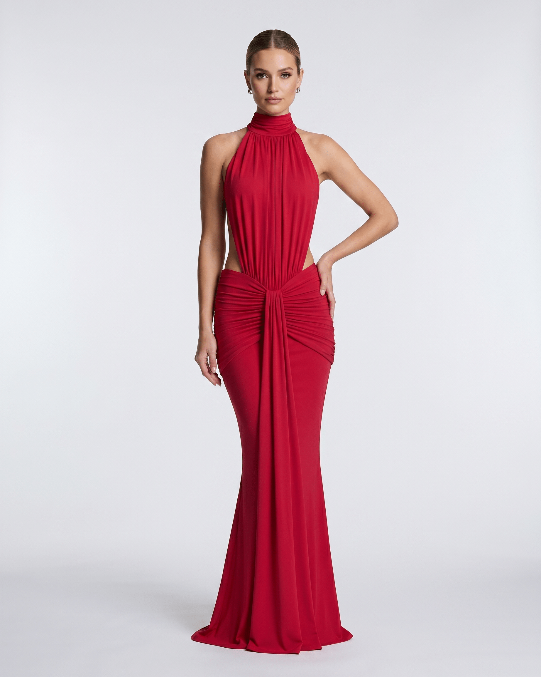 Aurelia Maxi Dress by Lauven, featuring smooth stretch fabric, high neck, and elegant draping for evening wear.