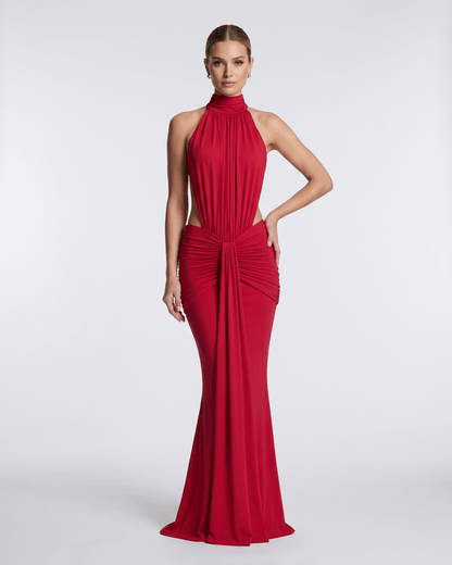 Aurelia Maxi Dress by Lauven, featuring smooth stretch fabric, high neck, and elegant draping for evening wear.
