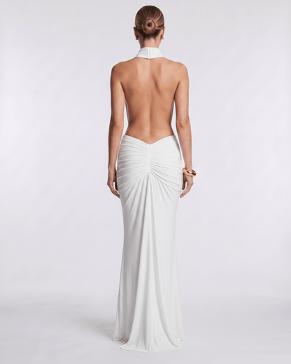 Aurelia Maxi Dress: back view, high neck, stretch fabric, body-skimming silhouette, by Lauven.