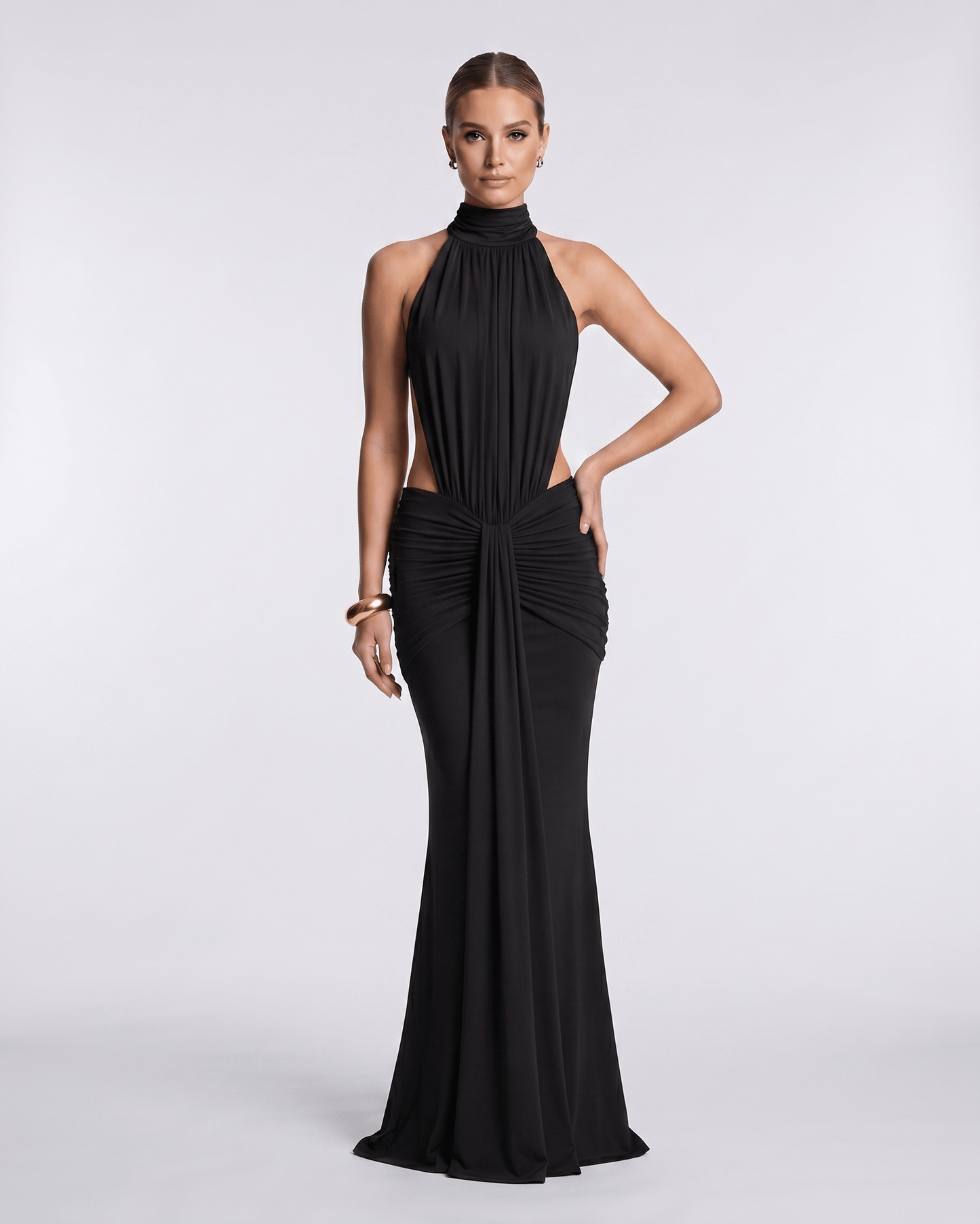 Aurelia Maxi Dress in black, high neck design, stretch fabric, elegant silhouette by Lauven, perfect for evening wear.