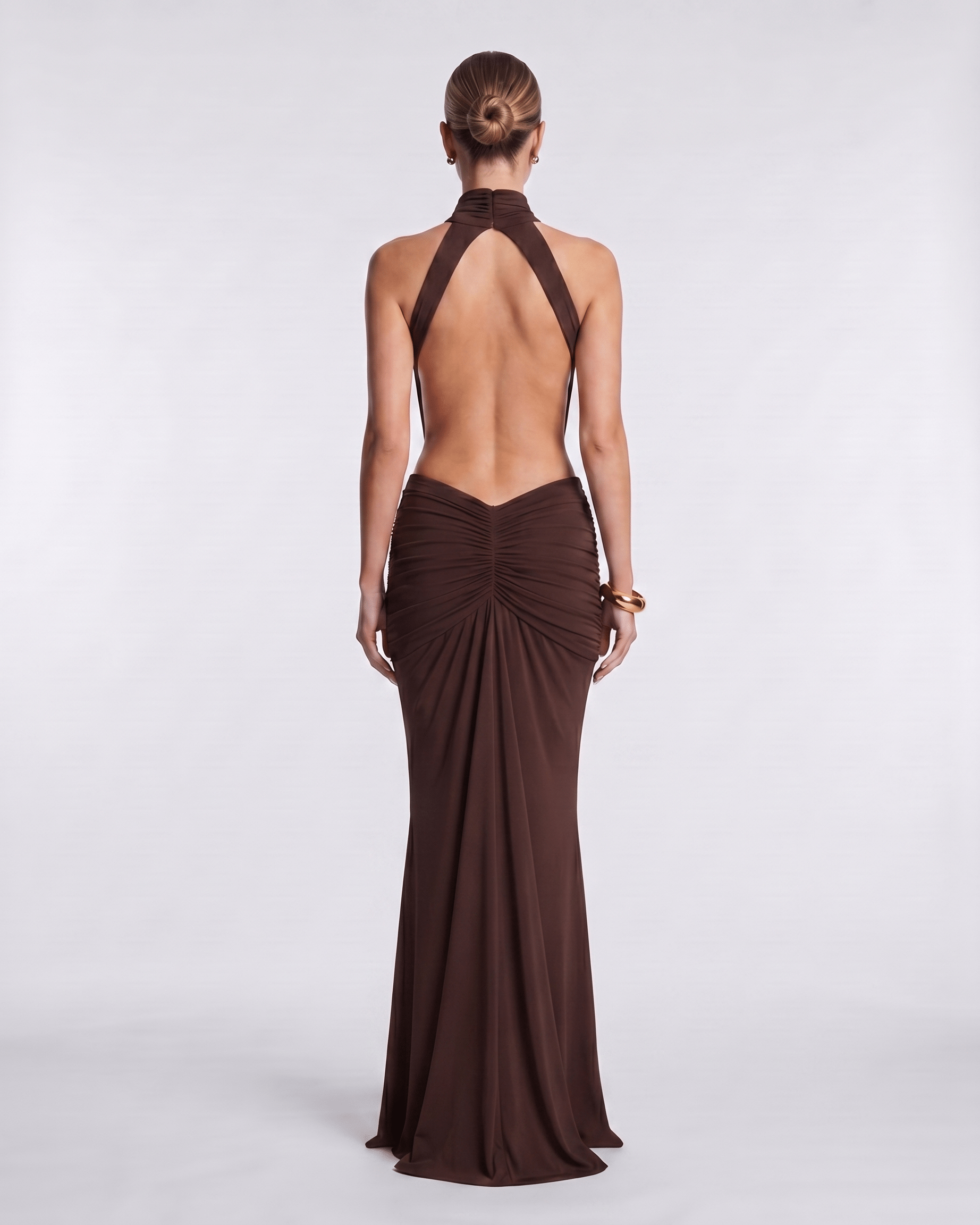 Aurelia Maxi Dress back view, high neck, soft gathering, sleek stretch fabric by Lauven for a modern evening look.