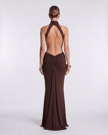 Aurelia Maxi Dress back view, high neck, soft gathering, sleek stretch fabric by Lauven for a modern evening look.