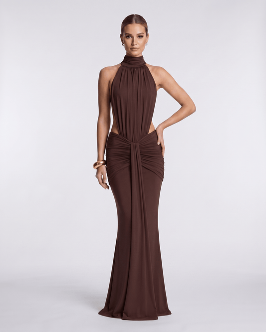 Aurelia Maxi Dress in rich brown, featuring smooth stretch fabric and a high neck, exuding elegance by Lauven.