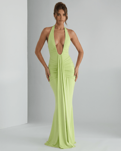 Aurelia Maxi Dress in vibrant lime green, featuring a halter neck and body-skimming ruched design by Lauven.