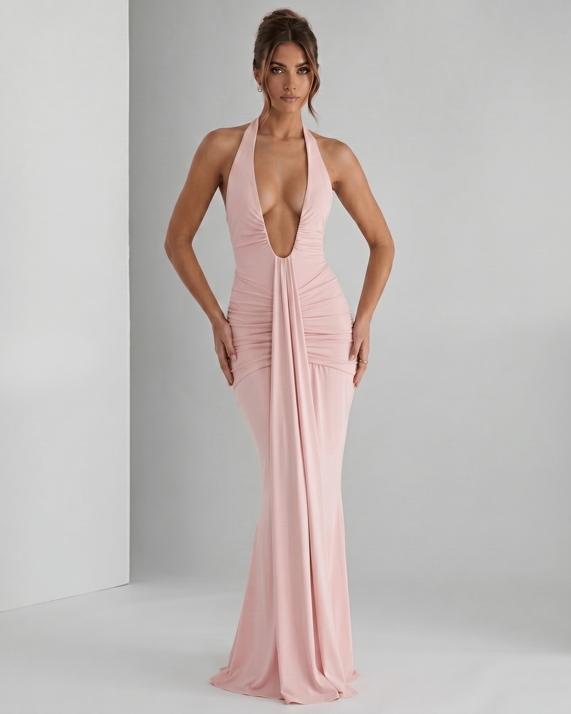 Aurelia Maxi Dress by Lauven, featuring stretch jersey fabric, halter neck, and a sleek, body-skimming silhouette.