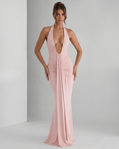 Aurelia Maxi Dress by Lauven, featuring stretch jersey fabric, halter neck, and a sleek, body-skimming silhouette.