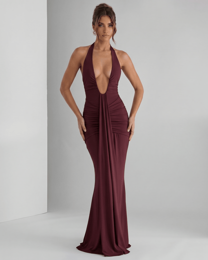 Aurelia Maxi Dress in burgundy, featuring stretch jersey, halter neck, and a body-skimming silhouette by Lauven.