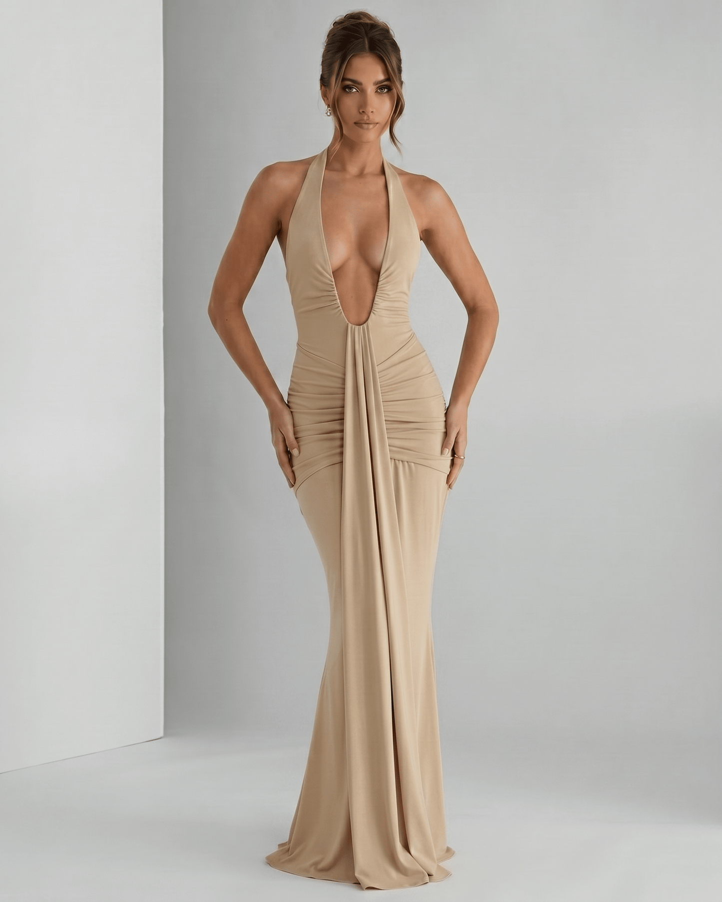 Aurelia Maxi Dress in stretchy jersey fabric, featuring a halter neck and elegant ruching, by Lauven.