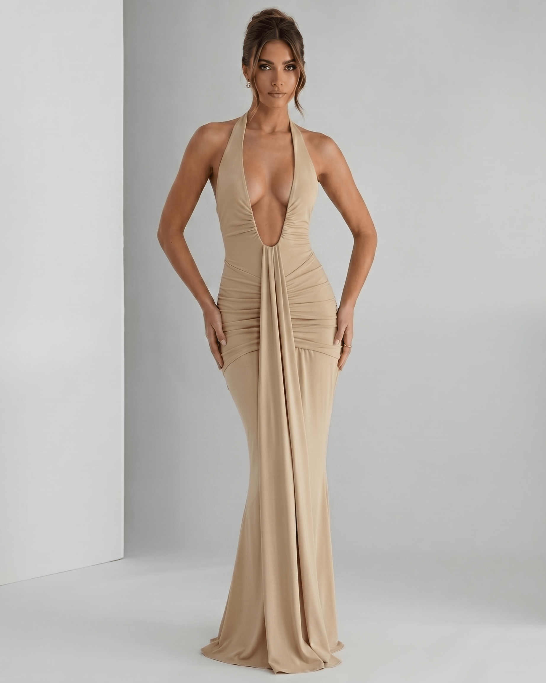 Aurelia Maxi Dress in stretchy jersey fabric, featuring a halter neck and elegant ruching, by Lauven.