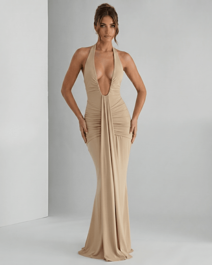Aurelia Maxi Dress in stretchy jersey fabric, featuring a halter neck and elegant ruching, by Lauven.