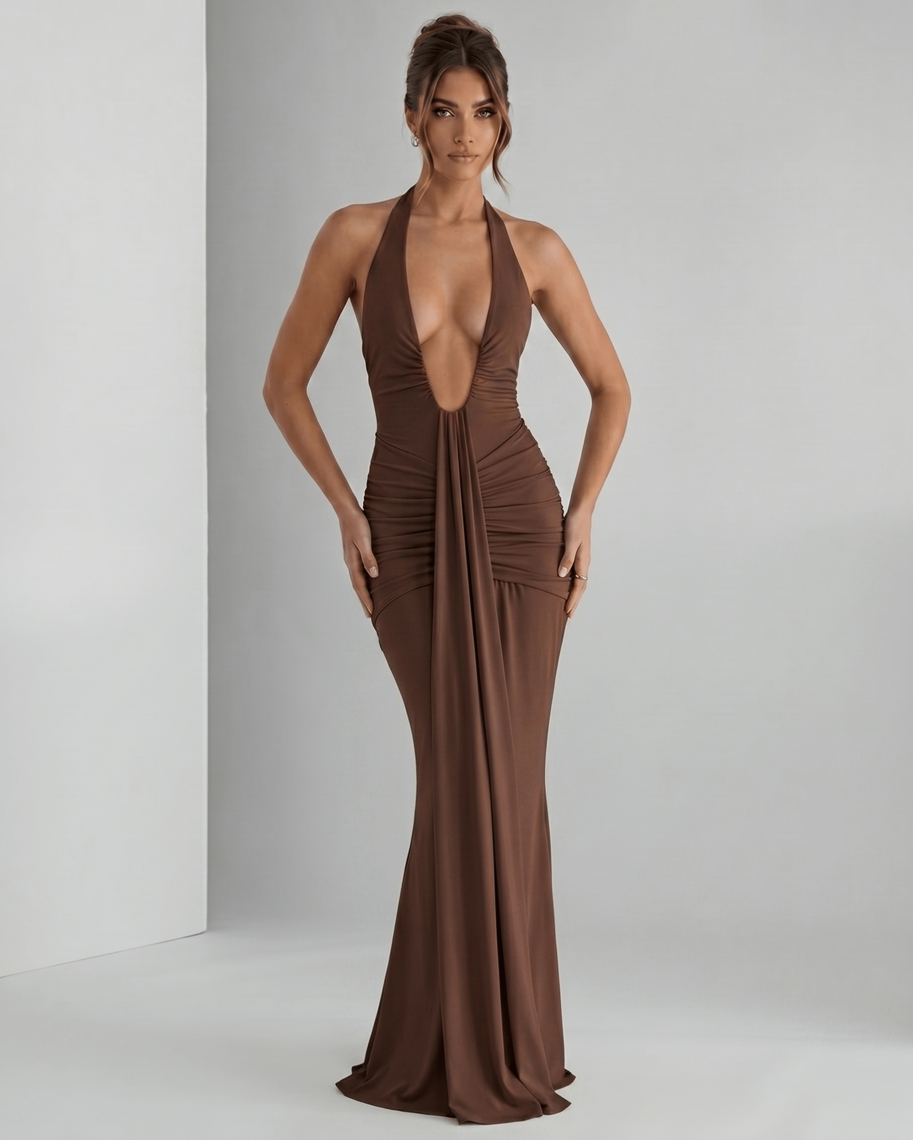 Aurelia Maxi Dress in smooth stretch jersey, halter neck, body-skimming fit with subtle ruching, by Lauven.