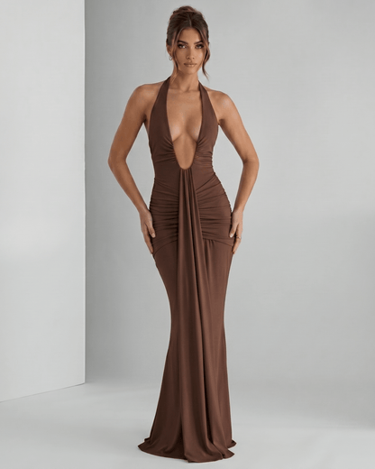Aurelia Maxi Dress in smooth stretch jersey, halter neck, body-skimming fit with subtle ruching, by Lauven.