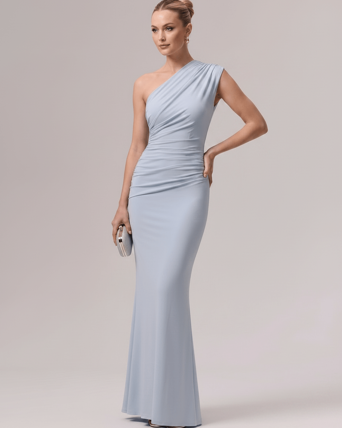 Aurelia Maxi Dress in soft blue, one-shoulder design with stretch jersey, creating a sleek silhouette for elevated occasions by Lauven.