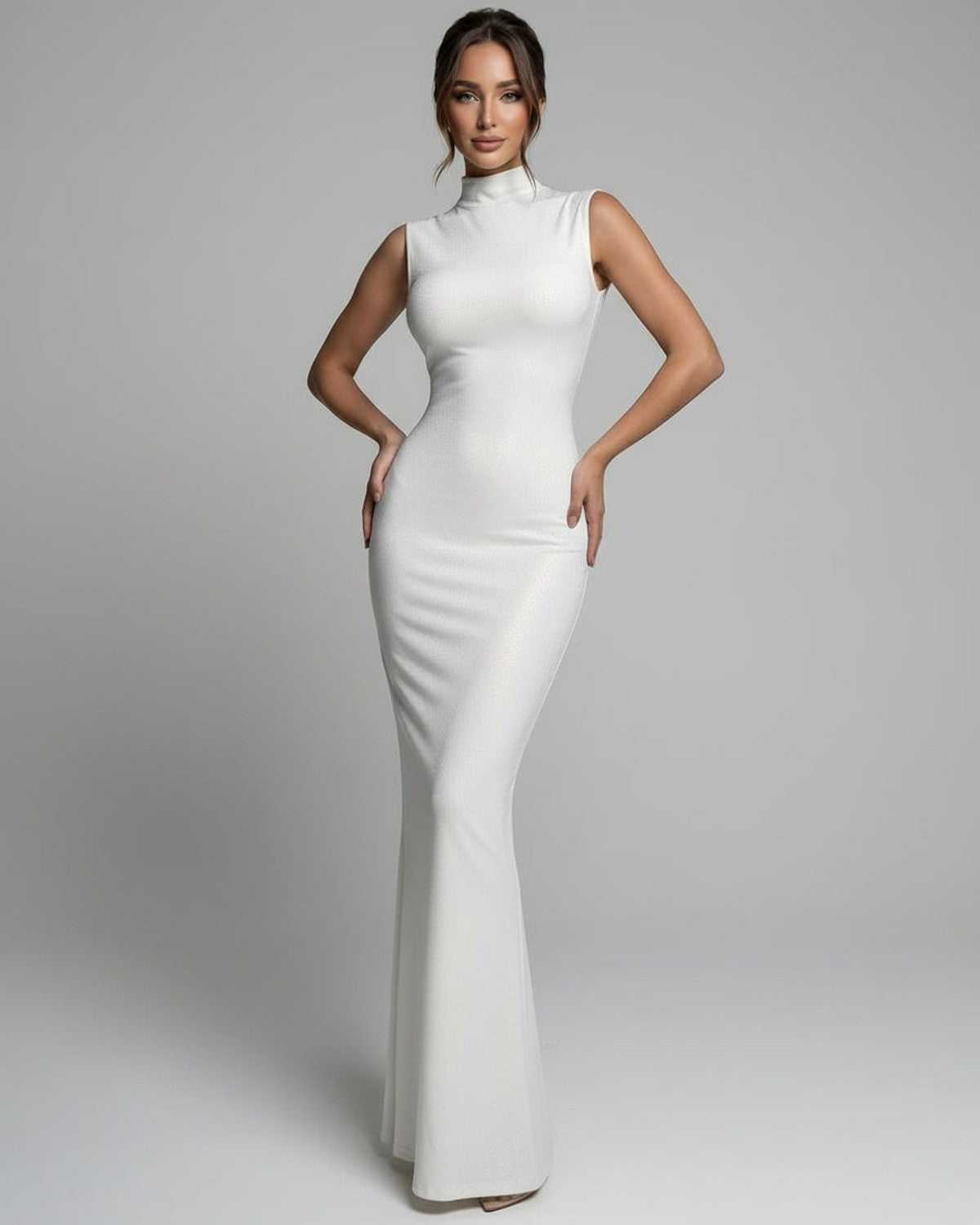 Aurelia Maxi Dress: White sleeveless maxi dress with a mock neck, sleek silhouette by Lauven. Perfect for elegant events.
