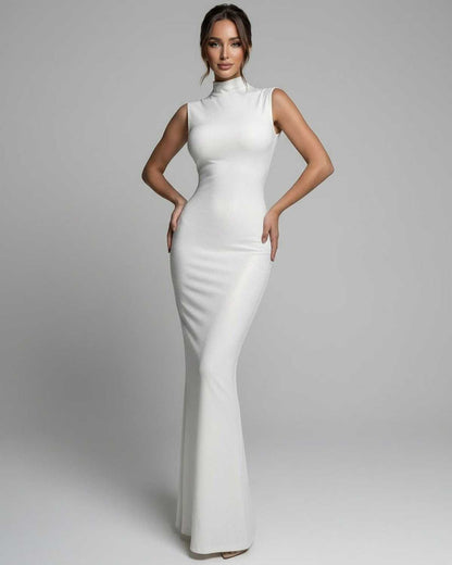 Aurelia Maxi Dress: White sleeveless maxi dress with a mock neck, sleek silhouette by Lauven. Perfect for elegant events.