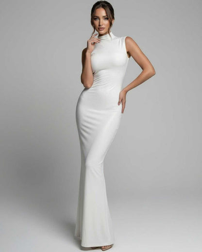 Aurelia Maxi Dress - Sleek white mock neck sleeveless design by Lauven, featuring a fitted silhouette and fluid floor-length finish.