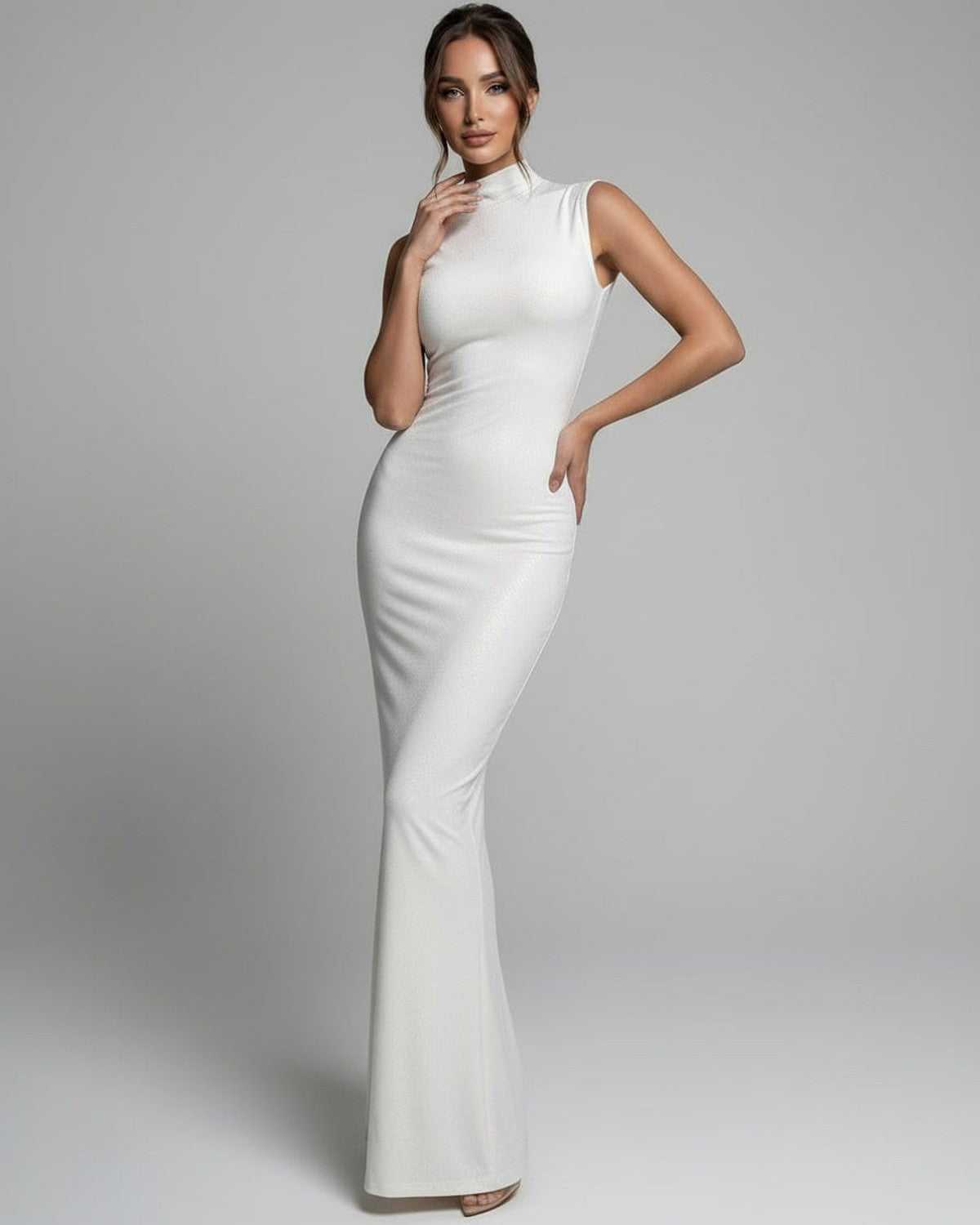 Aurelia Maxi Dress showcasing a modern mock neck and sleeveless style, crafted by Lauven, perfect for contemporary occasions.