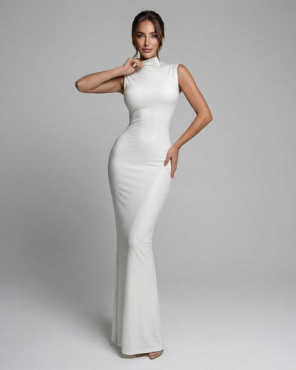 Aurelia Maxi Dress featuring a modern mock neck, sleek sleeveless silhouette in white, by Lauven for contemporary occasionwear.
