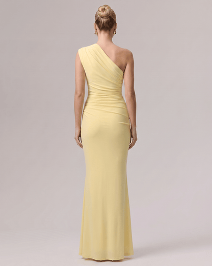Aurelia Maxi Dress in smooth yellow stretch jersey, one-shoulder design with soft gathering for a refined silhouette by Lauven.