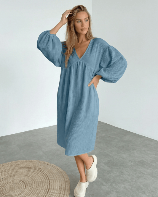 Aurelia Midi Dress - Blue Cotton Midi Dress with Puff Sleeve Elegance from Lauven, perfect blend of comfort and sophistication.