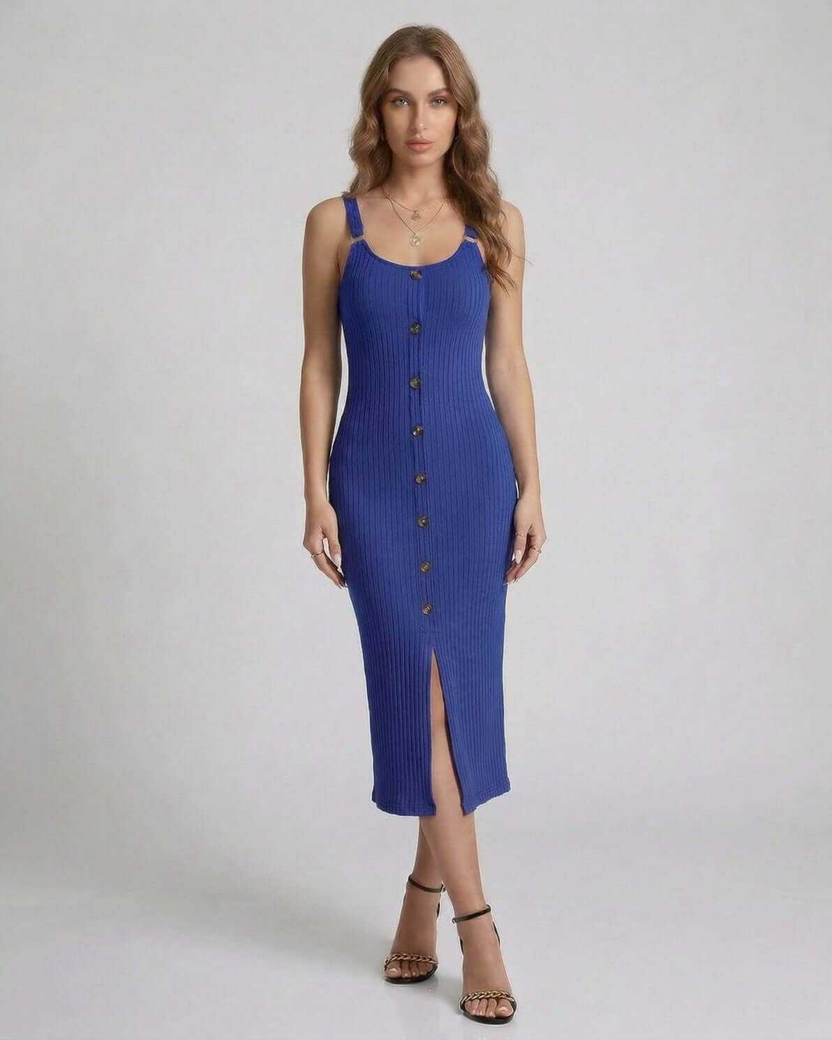 Aurelia Midi Dress by Lauven – Blue ribbed sleeveless midi dress with button front and front split.