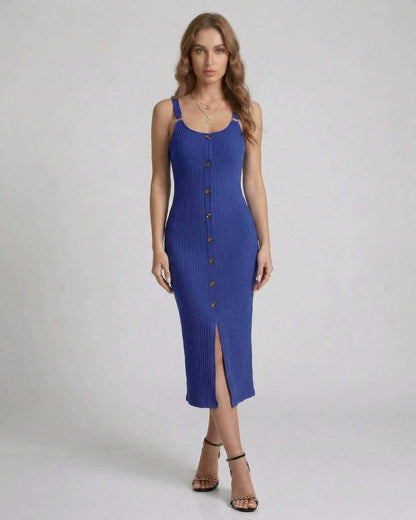 Aurelia Midi Dress by Lauven – Blue ribbed sleeveless midi dress with button front and front split.
