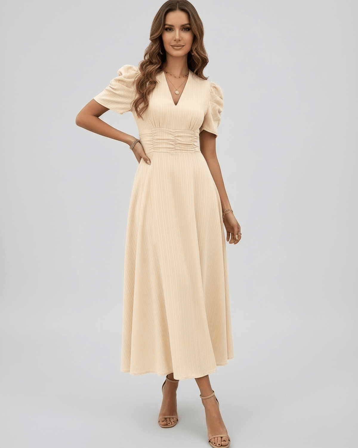 Aurelia Midi Dress, cream dress with sleeves, V-neckline, puff sleeves, by Lauven, perfect for weddings and cocktail events.