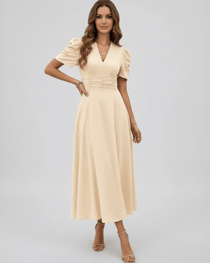 Aurelia Midi Dress, cream dress with sleeves, V-neckline, puff sleeves, by Lauven, perfect for weddings and cocktail events.
