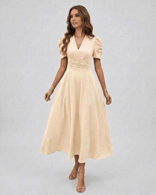 Aurelia Midi Dress cream midi dress with sleeves from Lauven, featuring V-neckline and puff sleeves for elegant occasions.