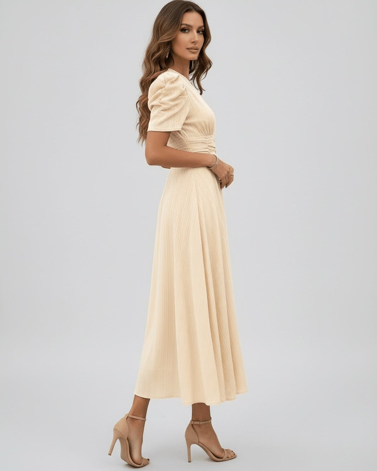 Aurelia Midi Dress in cream with puff sleeves, V-neck, ruched waist, perfect for wedding guests and cocktail events.