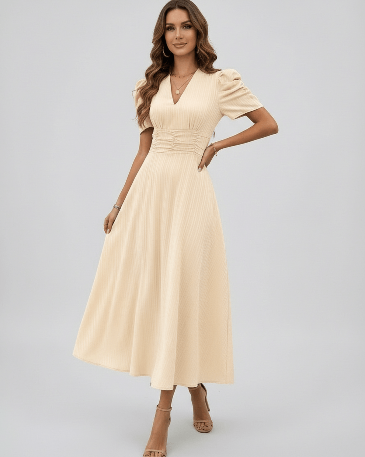 Aurelia Midi Dress features a cream hue, puff sleeves, ruched waist, elegant design perfect for weddings by Lauven.