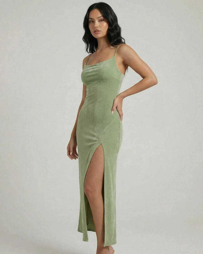 Aurelia Midi Dress by Lauven, featuring a square neck, slim fit, and asymmetrical slit in a soft green fabric.