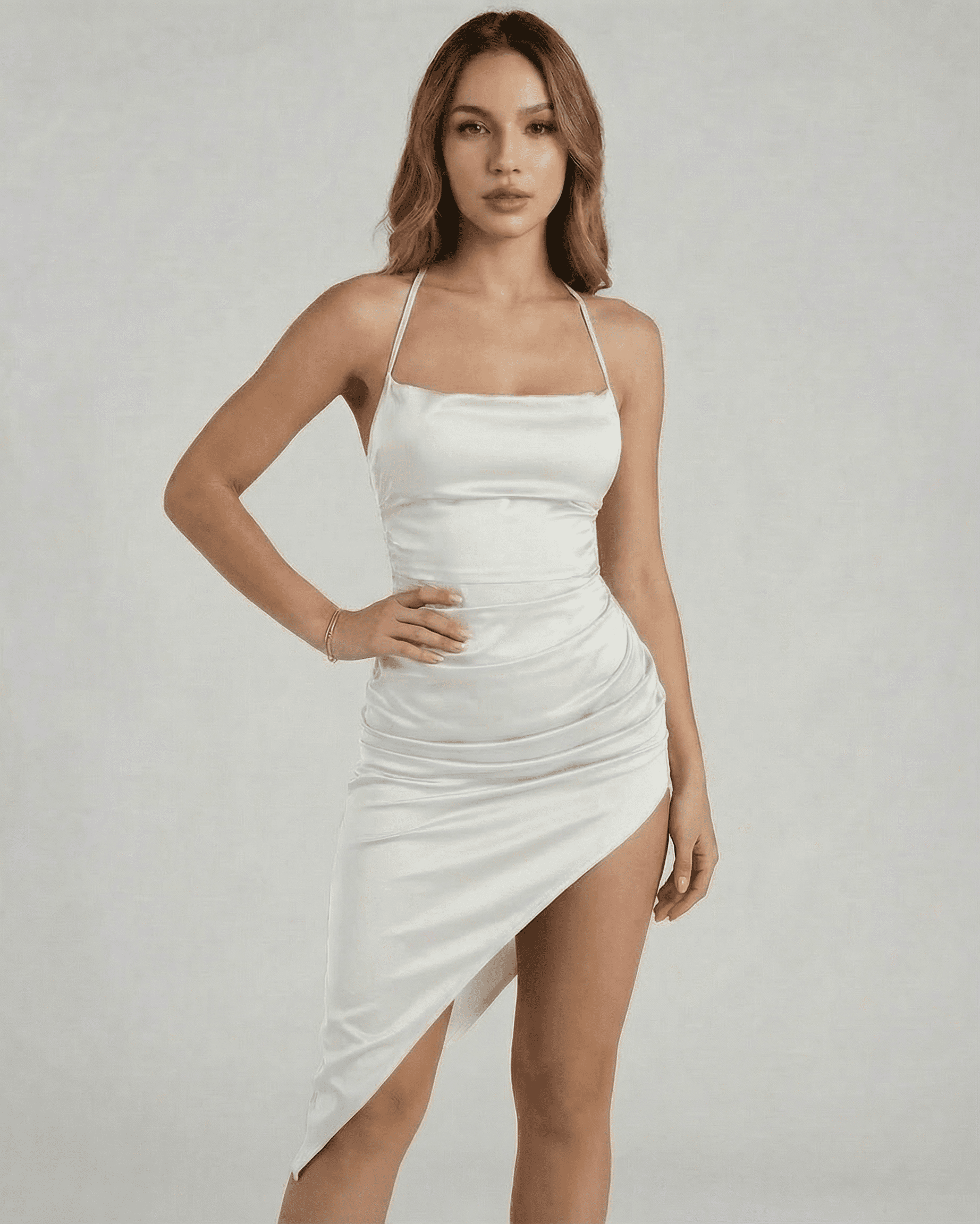 Aurelia Midi Dress by Lauven—Satin bodycon silhouette with strappy open back in elegant white.