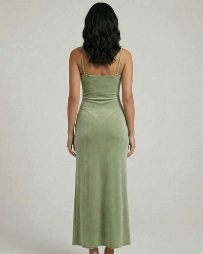 Aurelia Midi Dress by Lauven in green, showcasing a sleek back view and slim fit design.