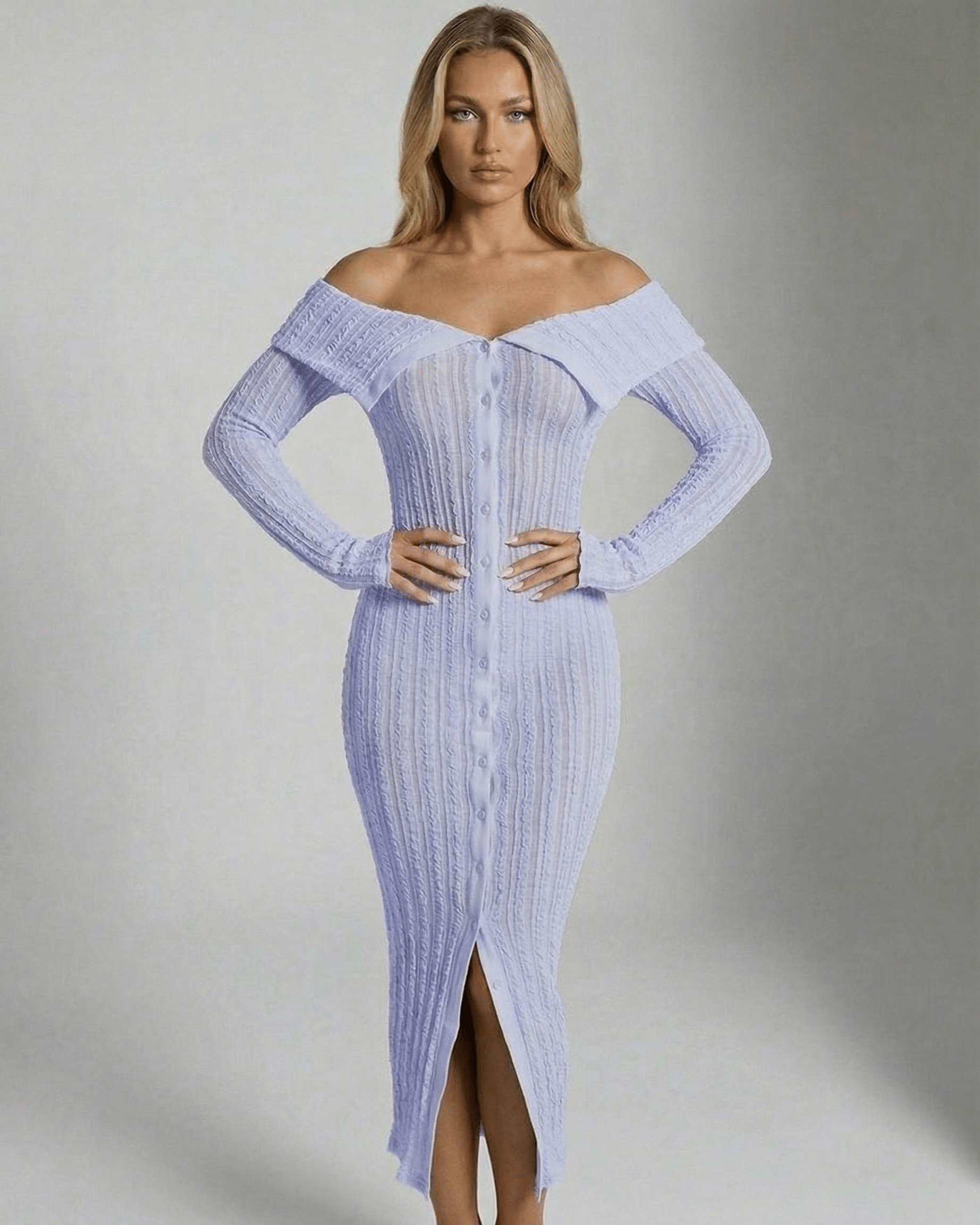 Aurelia Midi Dress in light blue, off shoulder design, bodycon fit, by Lauven, perfect for daytime and special occasions.
