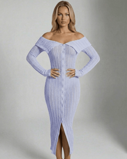Aurelia Midi Dress in light blue, off shoulder design, bodycon fit, by Lauven, perfect for daytime and special occasions.