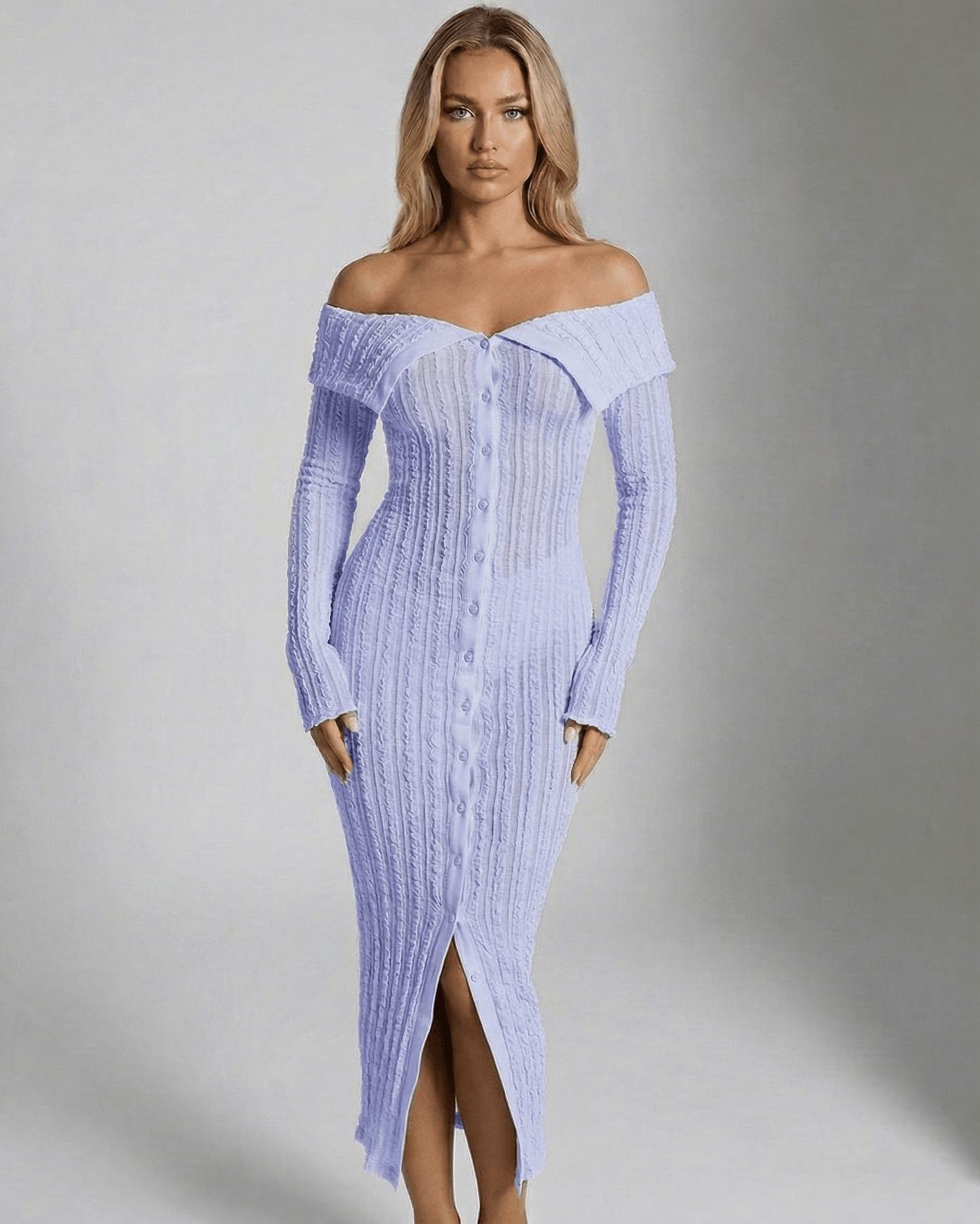 Aurelia Midi Dress in light blue with off-shoulder neckline, long sleeve bodycon fit by Lauven, exuding feminine elegance.