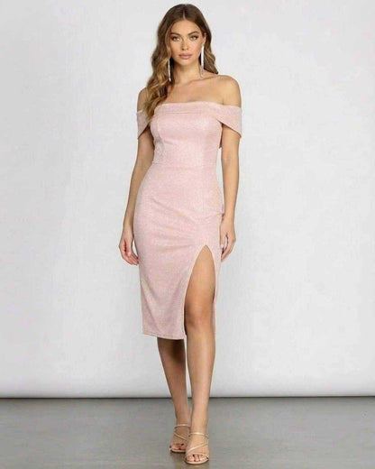 Aurelia Midi Dress by Lauven – Off Shoulder Glitter Midi Dress for special occasions with a sleek silhouette.