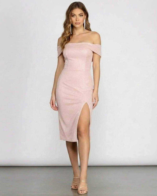 Aurelia Midi Dress by Lauven – Off Shoulder Glitter Midi Dress for special occasions with a sleek silhouette.