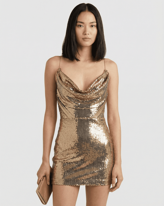 Aurelia Mini Dress by Lauven featuring a gold sequin design, V-neckline, and high waist silhouette.