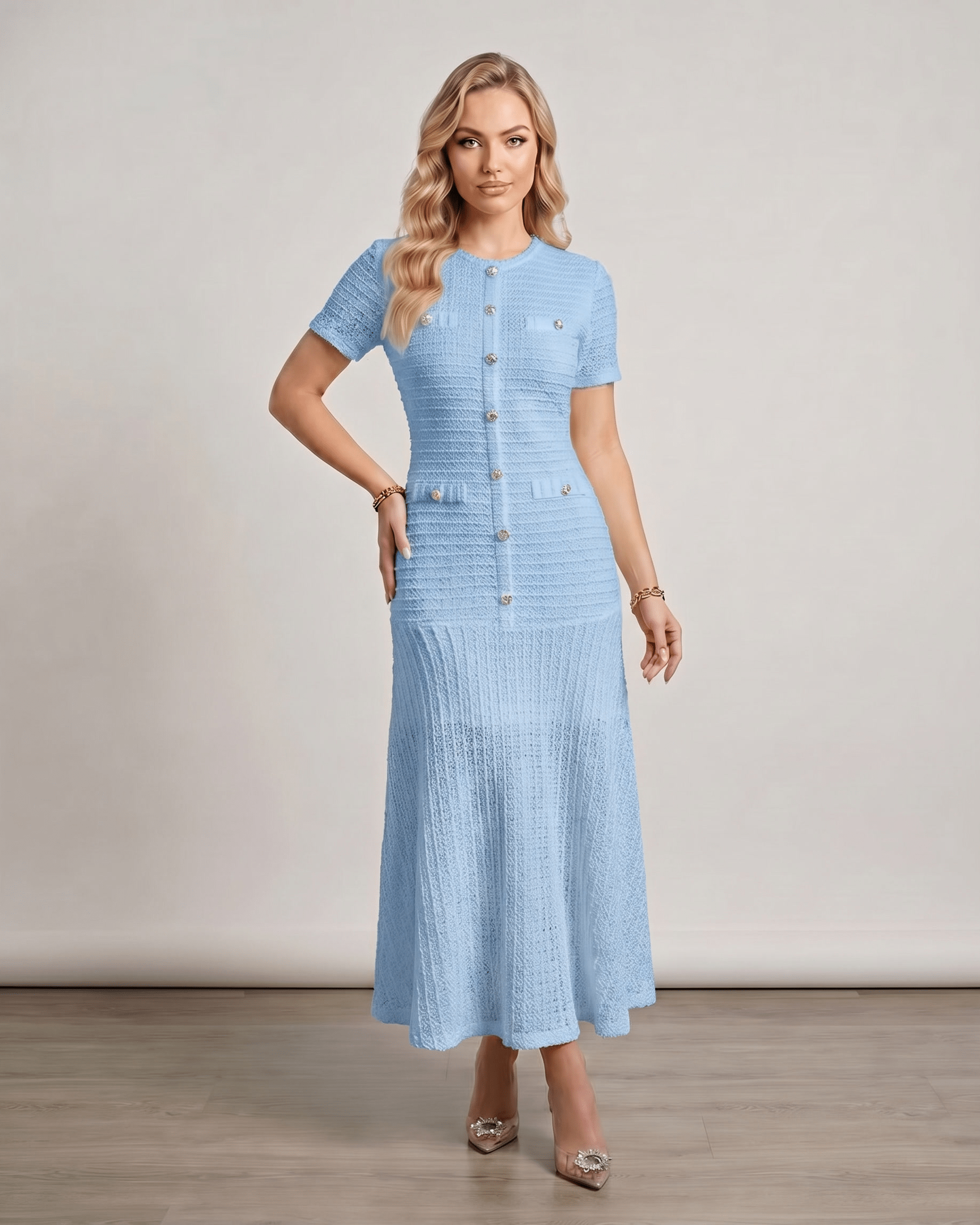 Aureline Maxi Dress by Lauven, textured knit, round neck, elegantly structured, light blue, gently flared hem.