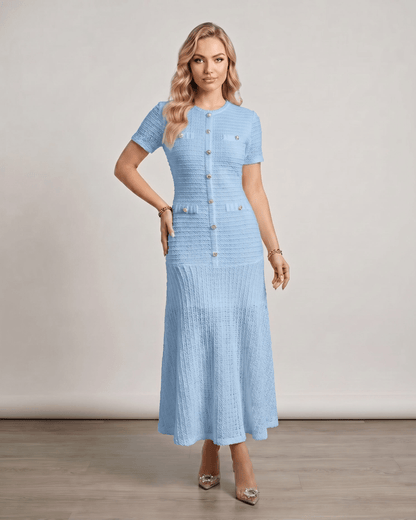 Aureline Maxi Dress by Lauven, textured knit, round neck, elegantly structured, light blue, gently flared hem.