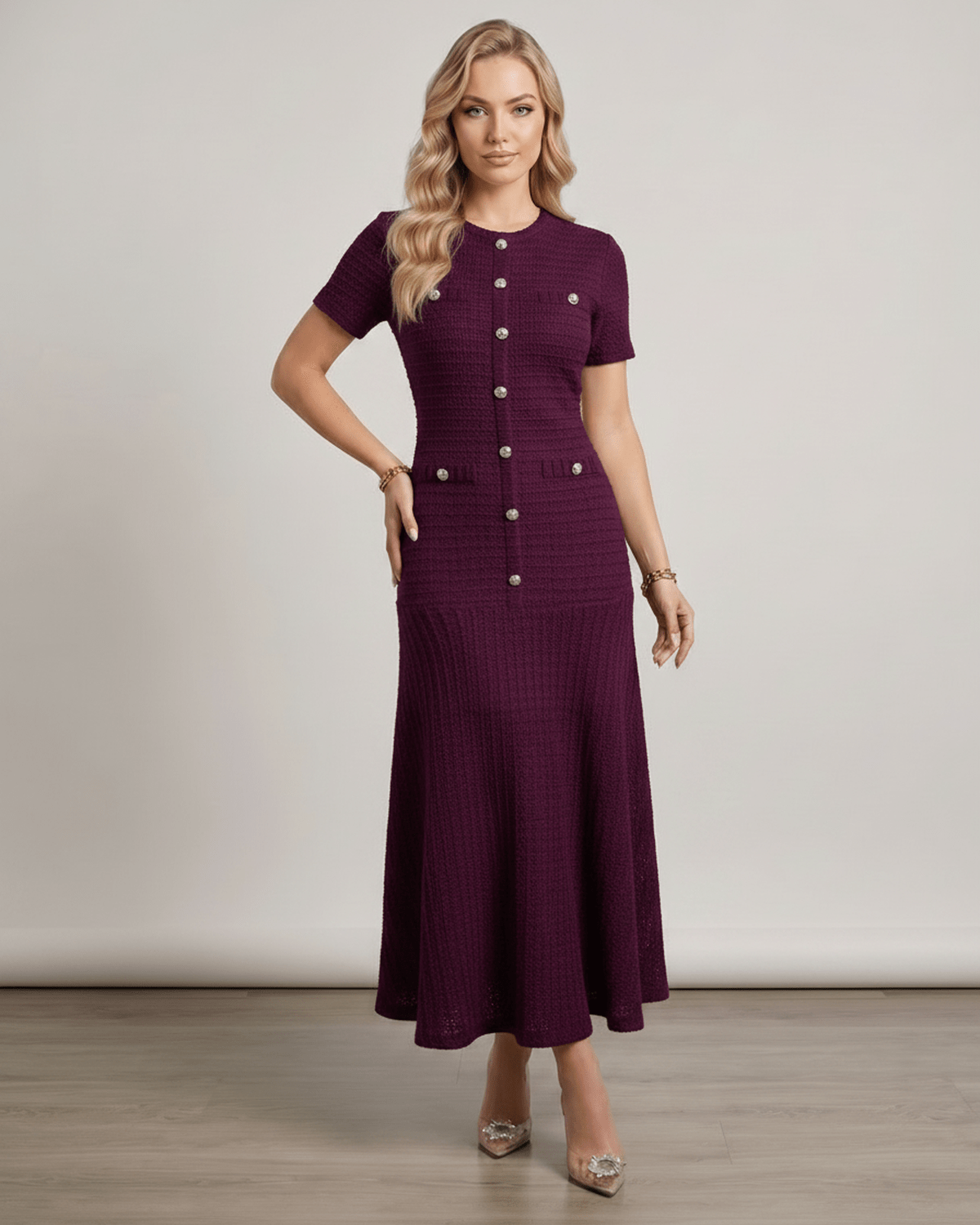 Aureline Maxi Dress by Lauven, textured knit, round neck, refined silhouette, trendy purple color.