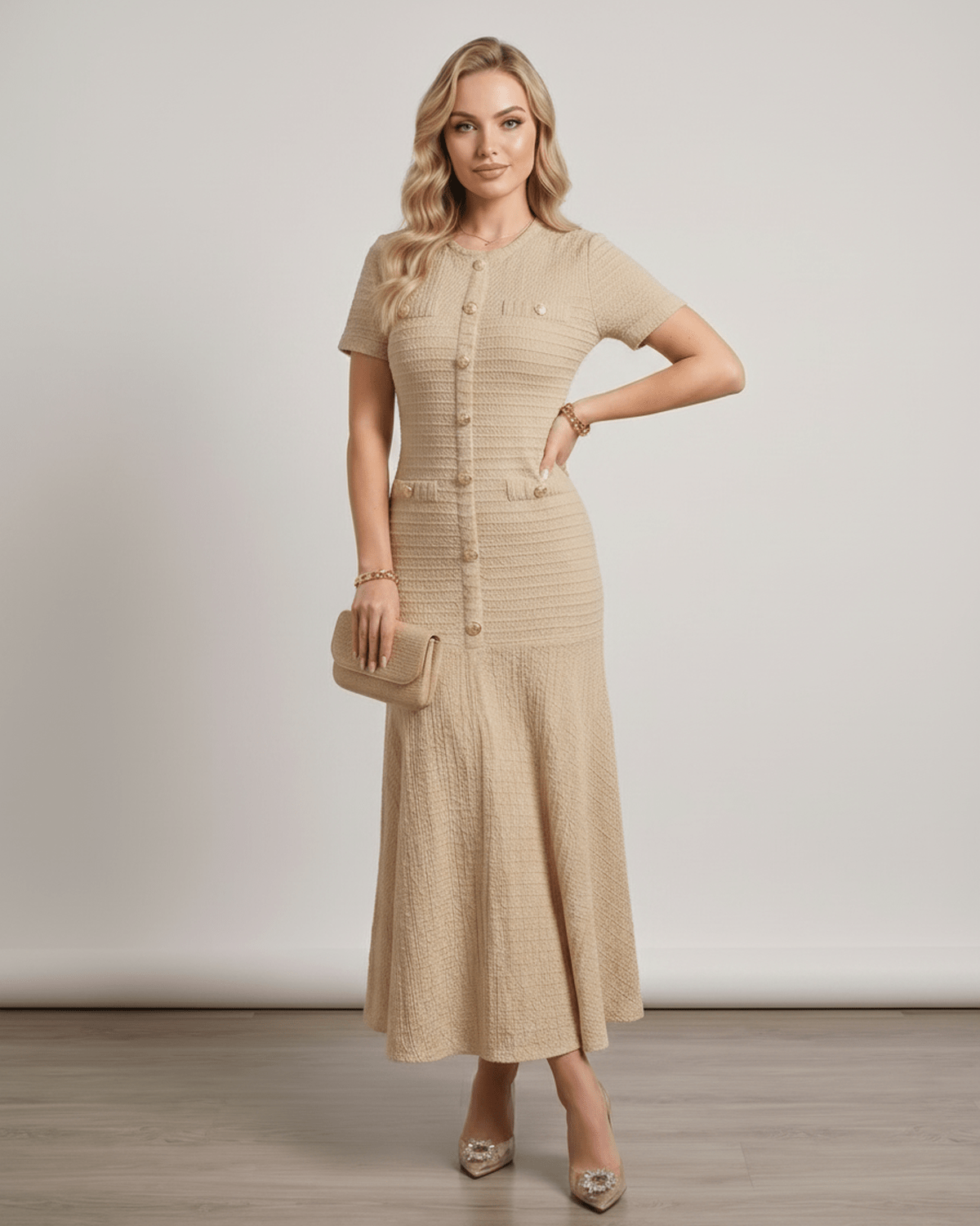 Aureline Maxi Dress by Lauven, textured knit, round neck, refined structure, softly contoured silhouette in neutral tone.